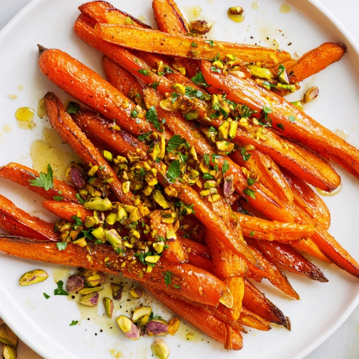 Roasted Carrots with Honey and Pistachios are plated warm beside a creamy dip for a tasty vegetarian side.
