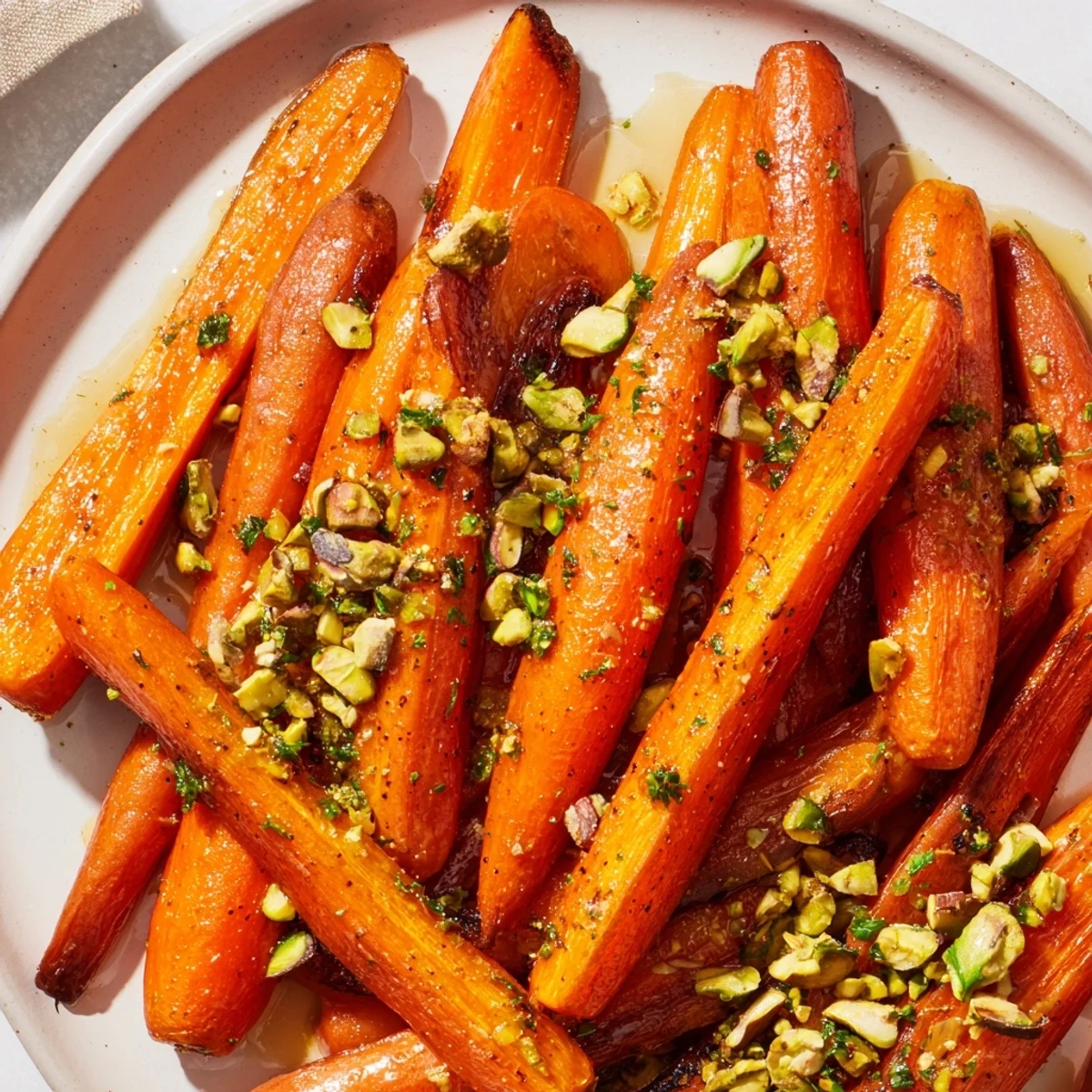A close-up shot of Roasted Carrots with Honey and Pistachios shows caramelized edges and a glossy honey drizzle.