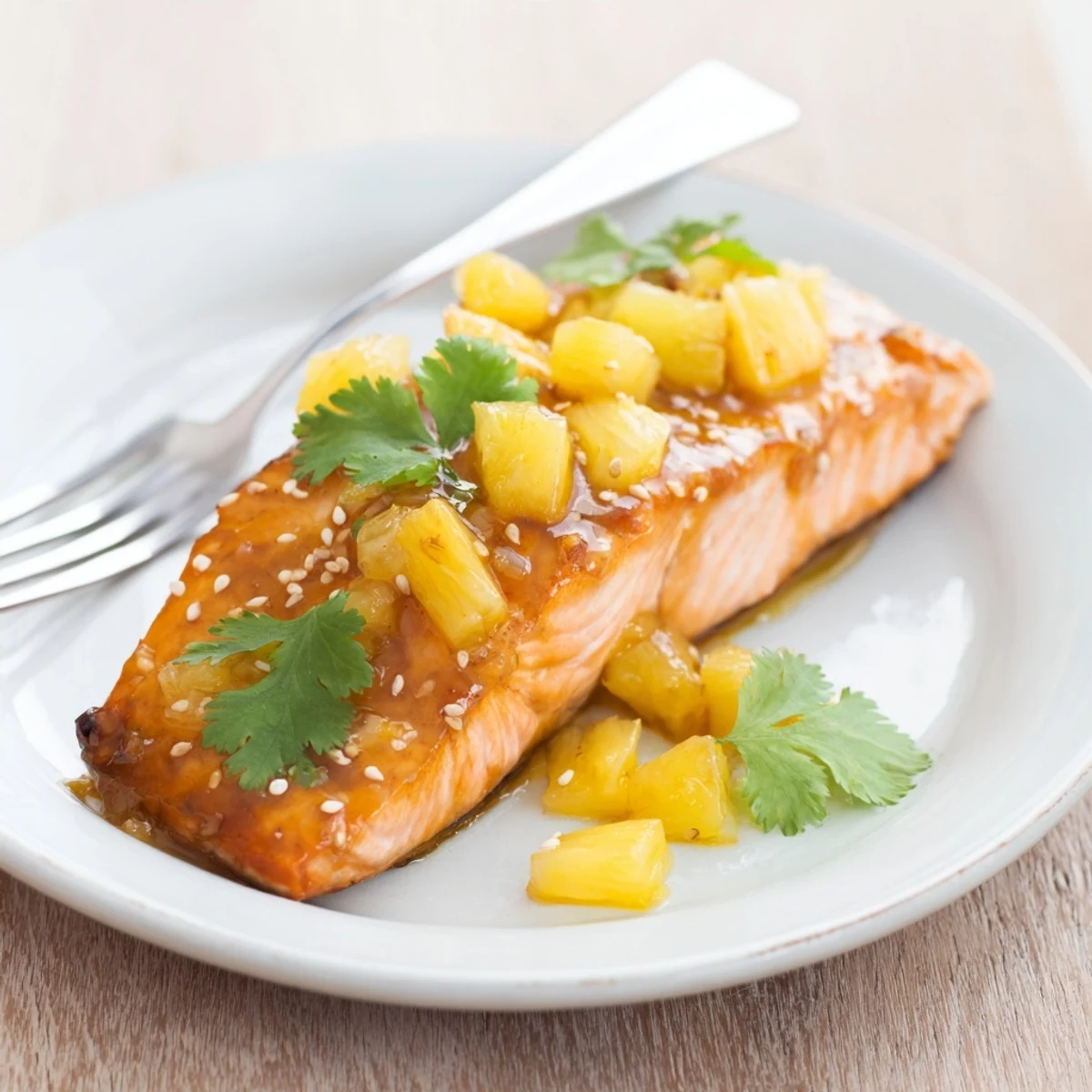 Oven-baked Pineapple Glazed Salmon Fillets topped with fresh cilantro, glistening with a sweet and tangy sauce.