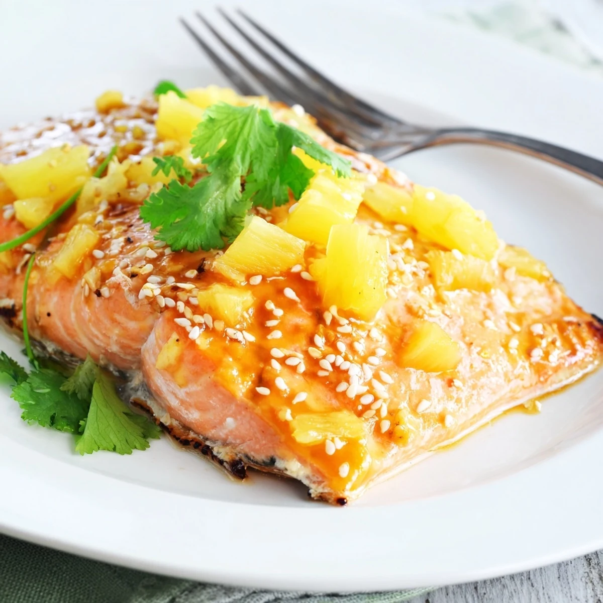 Golden-brown Pineapple Glazed Salmon Fillets garnished with diced pineapple and sesame seeds on a white plate.