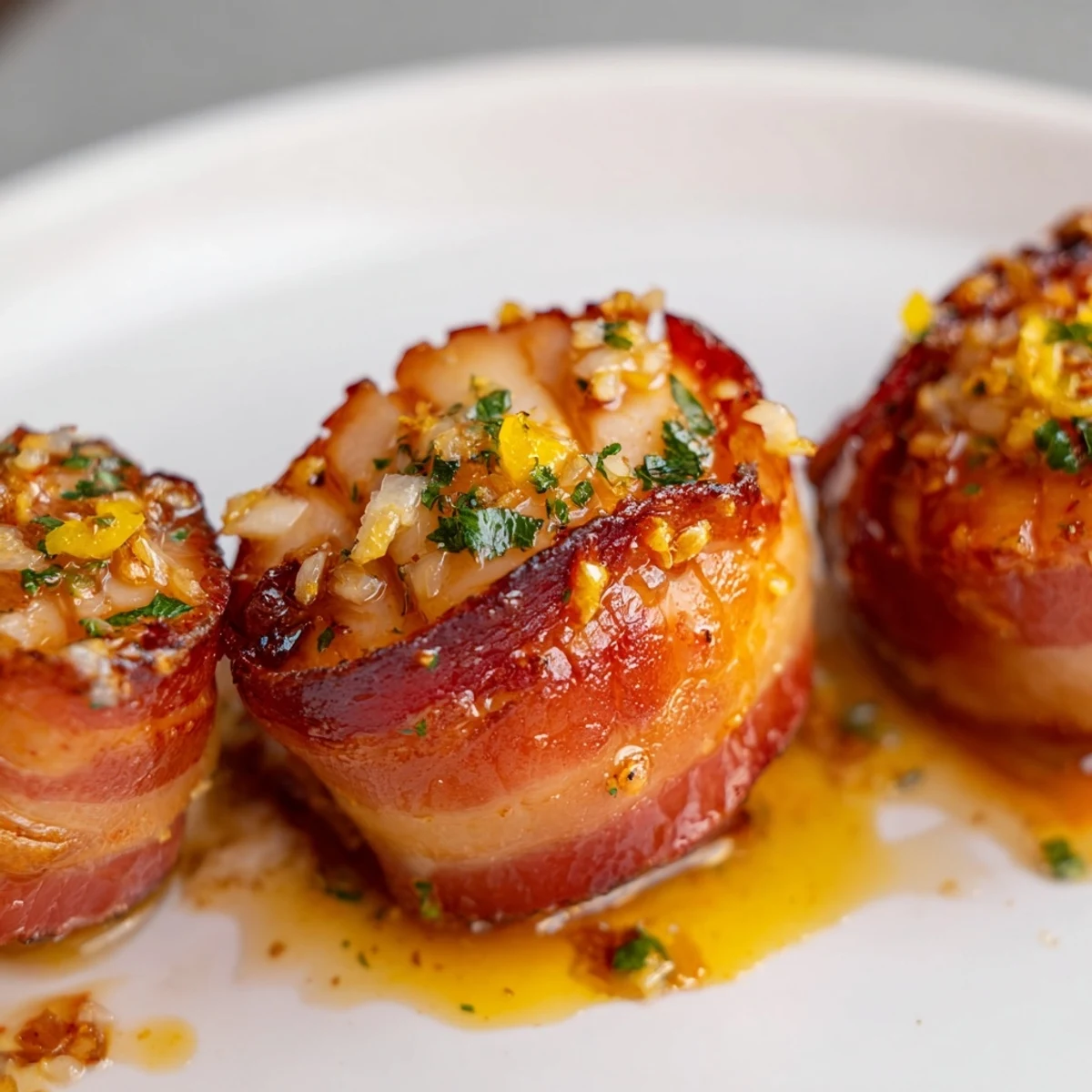 Golden-brown beef bacon wrapped scallops with lemon butter sauce on a white platter, garnished with fresh parsley.