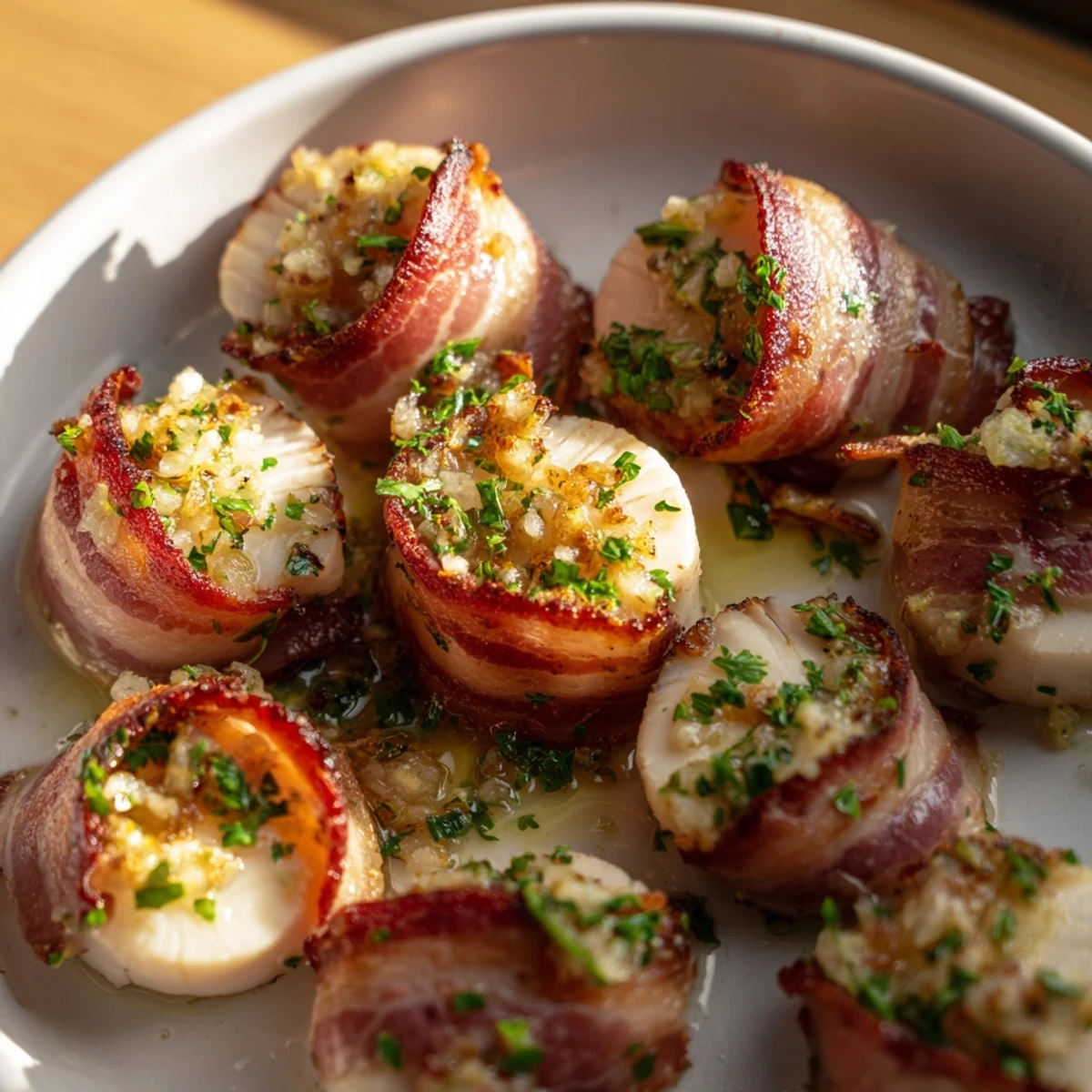 Oven-roasted beef bacon wrapped scallops with lemon butter sauce, plated on a rustic wooden board for a family-style appetizer.