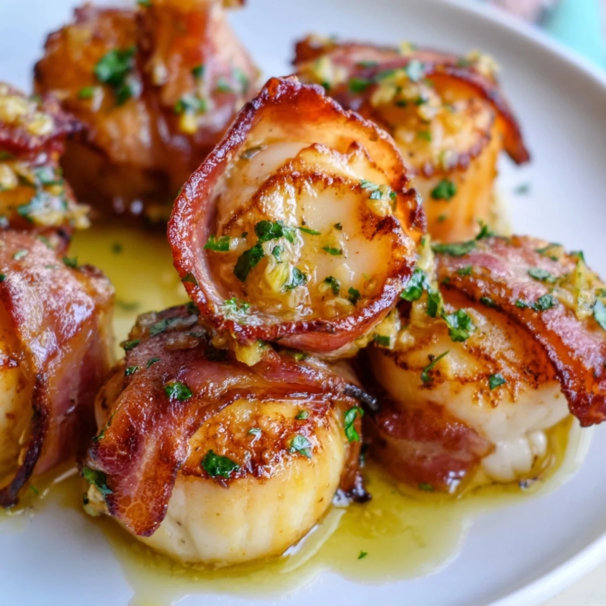 Gluten-free beef bacon wrapped scallops with lemon butter sauce, arranged on a white plate topped with fresh parsley garnish.