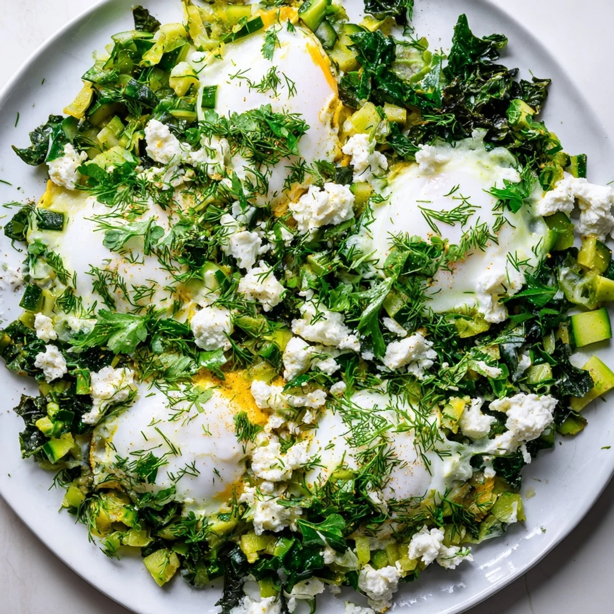 Close-up of Green Shakshuka with Spinach and Feta in a skillet, topped with poached eggs and fresh herbs.