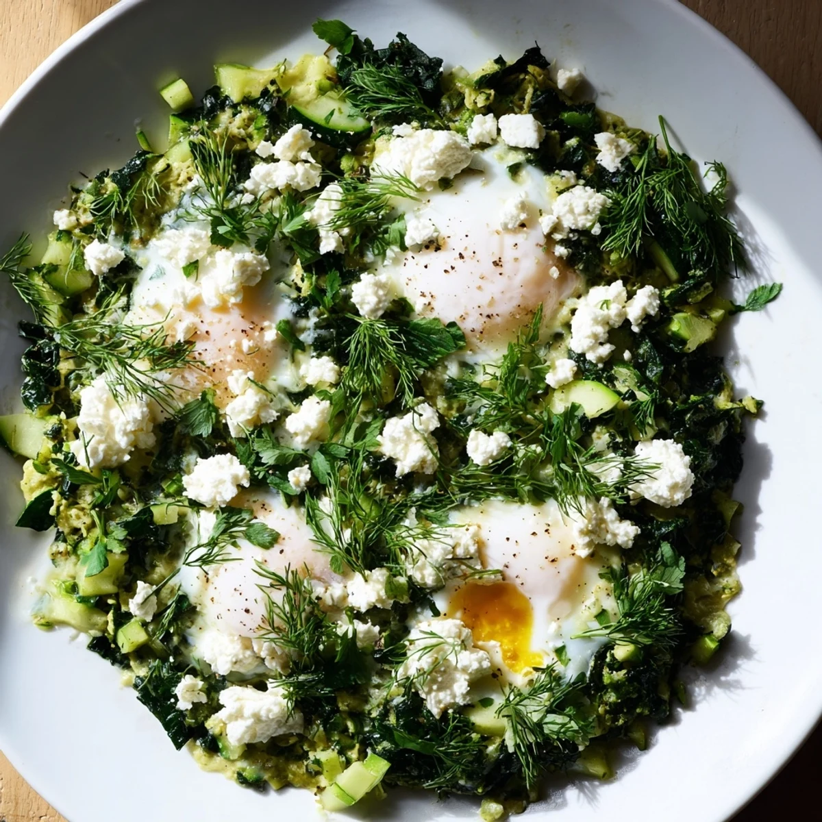 A vibrant plate of Green Shakshuka with Spinach and Feta served alongside crusty bread for dipping.