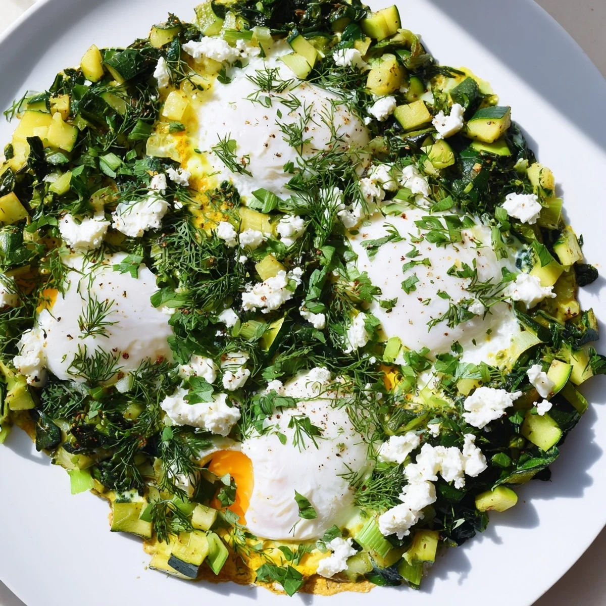Top-down view of Green Shakshuka with Spinach and Feta, featuring bubbly feta and runny yolks.