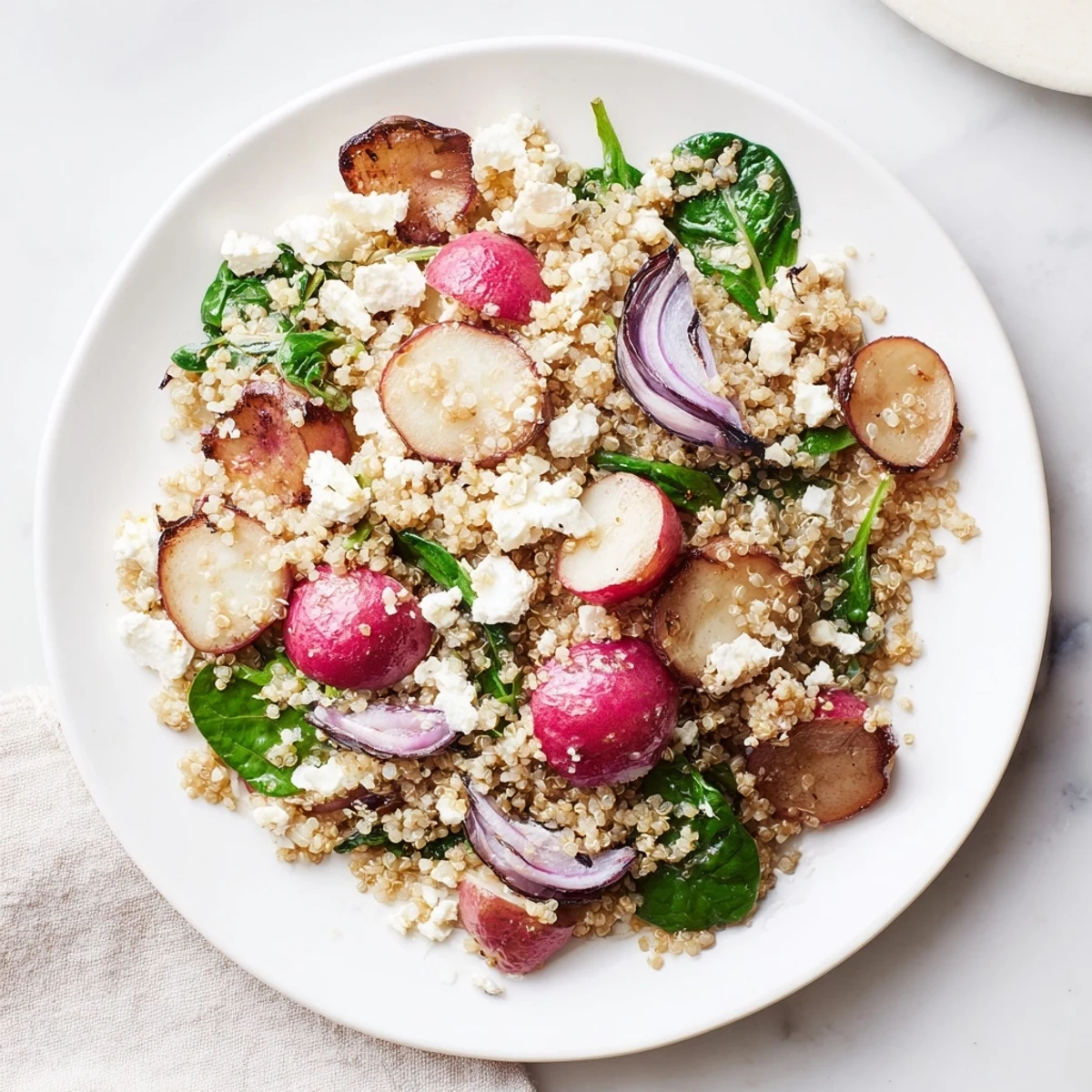 Warm Quinoa Salad with Roasted Radishes and Feta featuring vibrant pink radishes and creamy white cheese on fluffy grains.