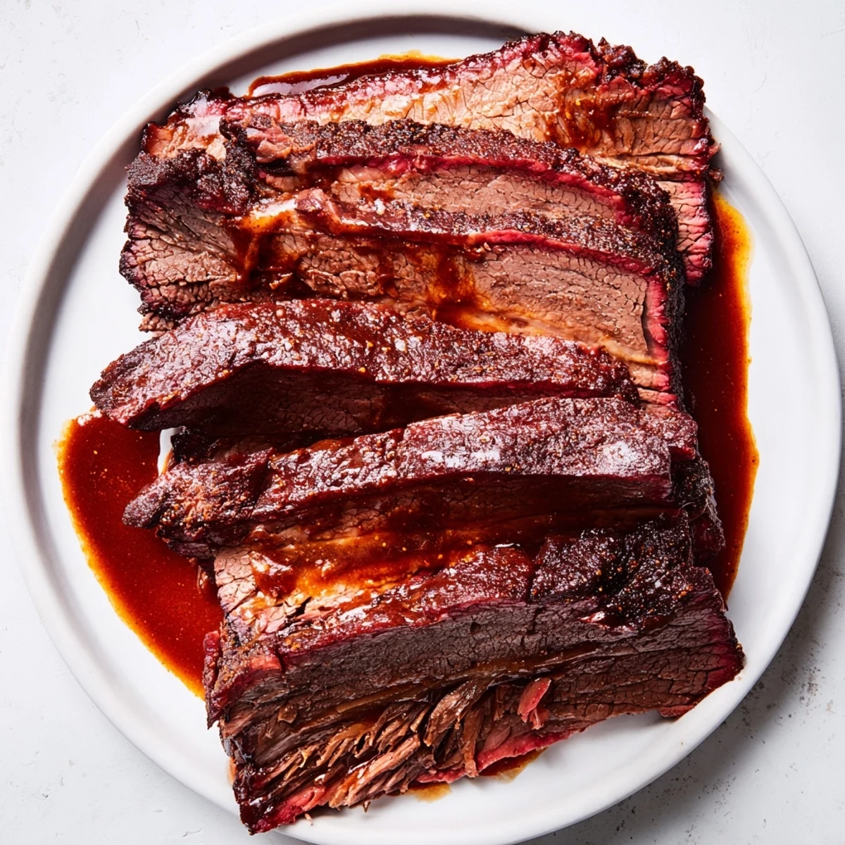 The slow cooked beef brisket with smoky BBQ sauce is fork-tender and glistening with a rich, glossy barbecue glaze.