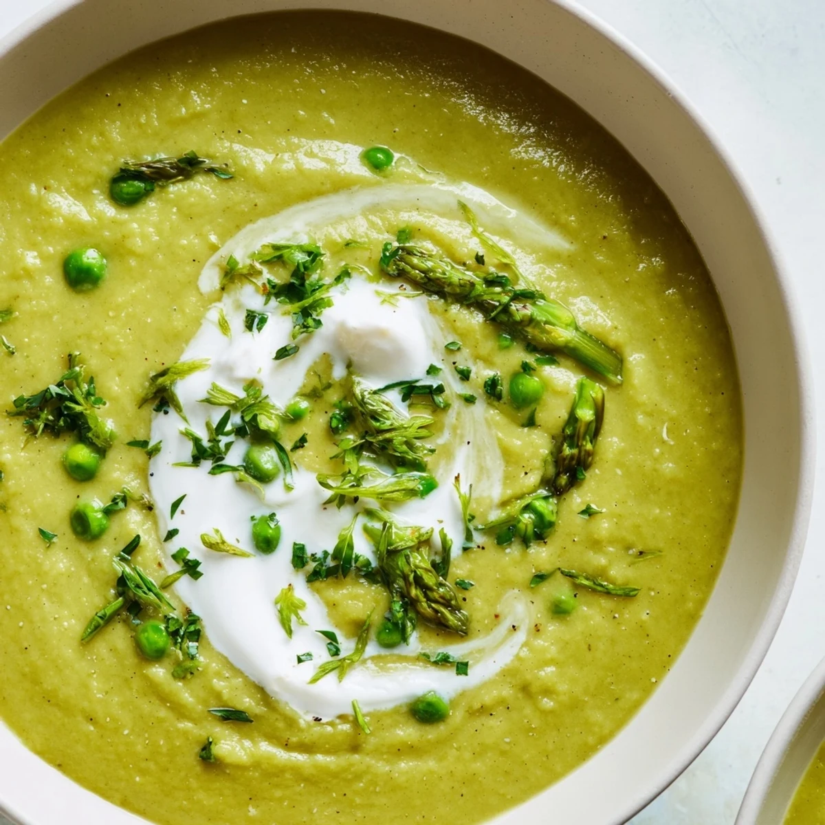 A close-up photo of creamy roasted asparagus and pea soup in a rustic bowl, garnished with fresh chives. 
