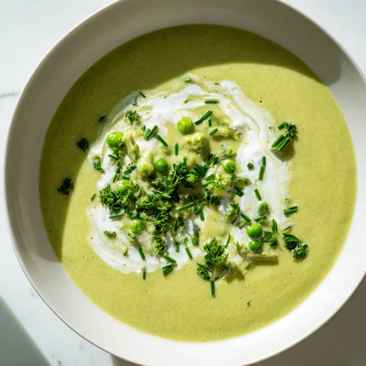 A rustic ceramic bowl holds the warm, creamy roasted asparagus and pea soup, topped with a drizzle of cream and herbs.
