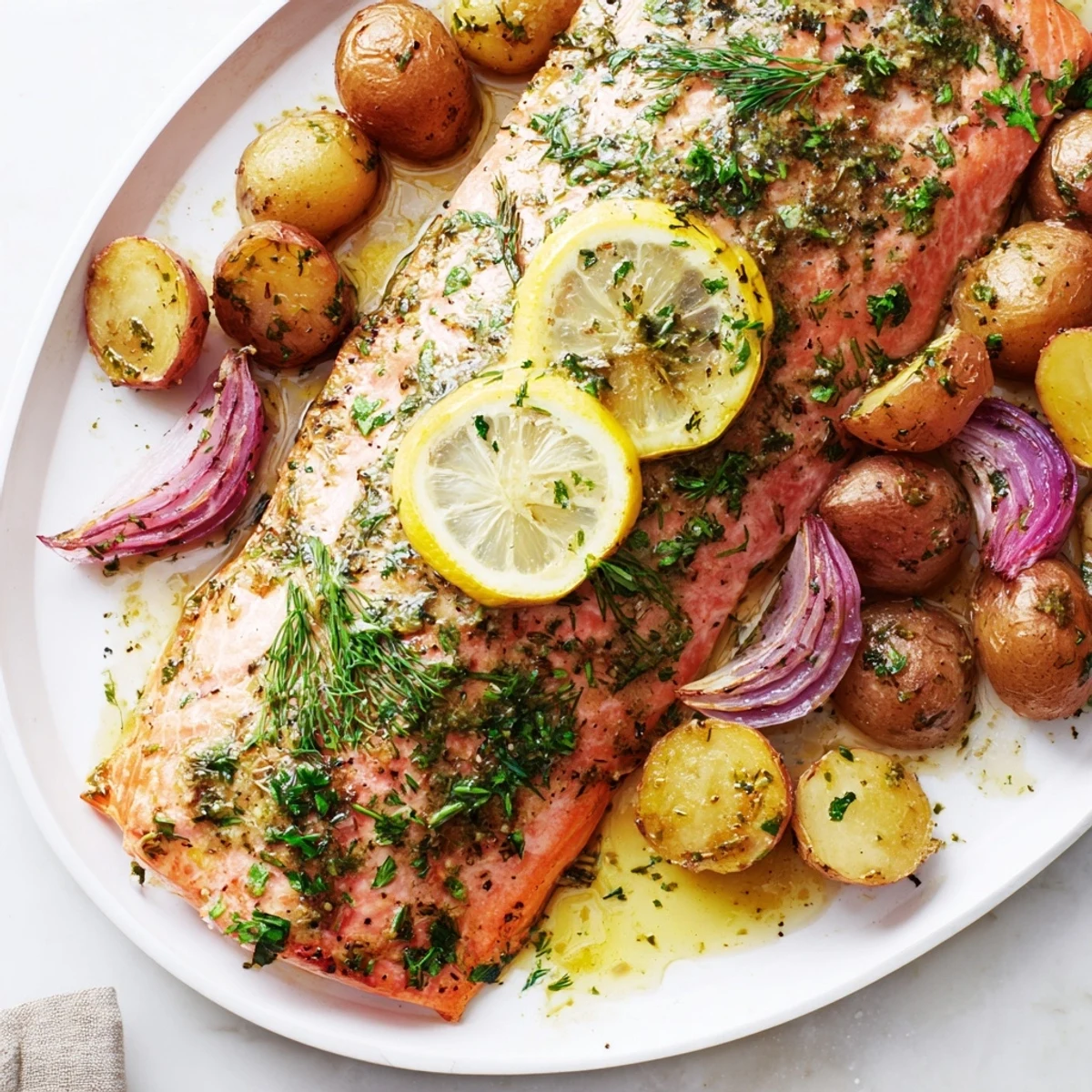 Golden roasted baby potatoes and vibrant lemon slices frame tender salmon fillets in this Sheet Pan Lemon Herb Salmon with Baby potatoes, garnished with fresh dill and parsley.