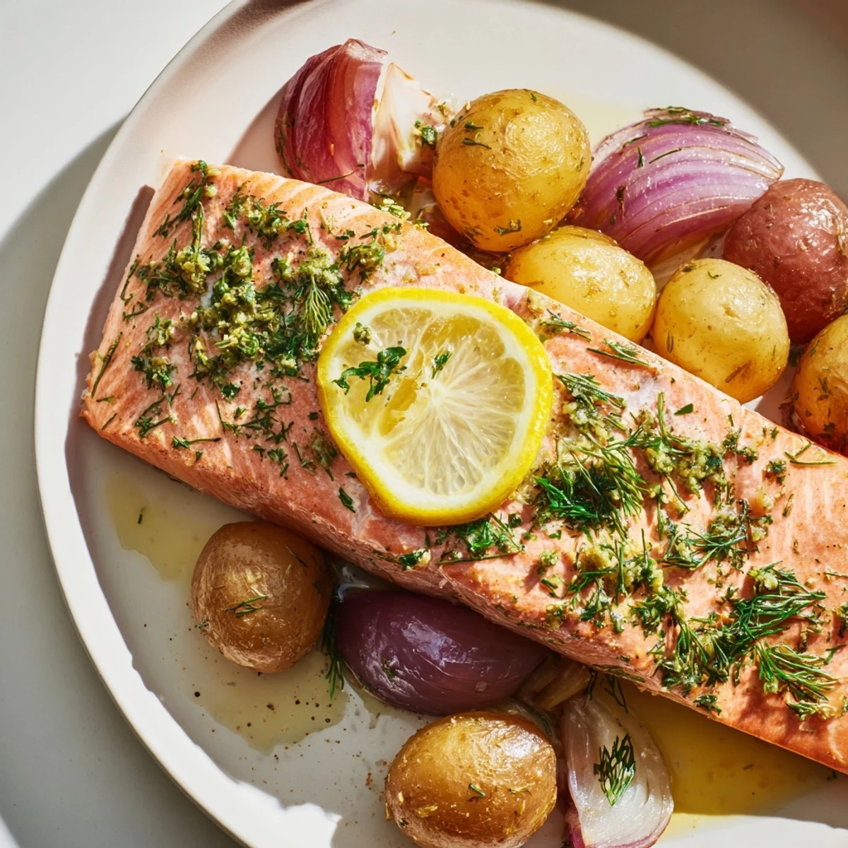 A close-up of the Sheet Pan Lemon Herb Salmon with Baby potatoes reveals flaky fish, crispy-edged potatoes, and a bright, herbaceous glaze on a rustic baking sheet.