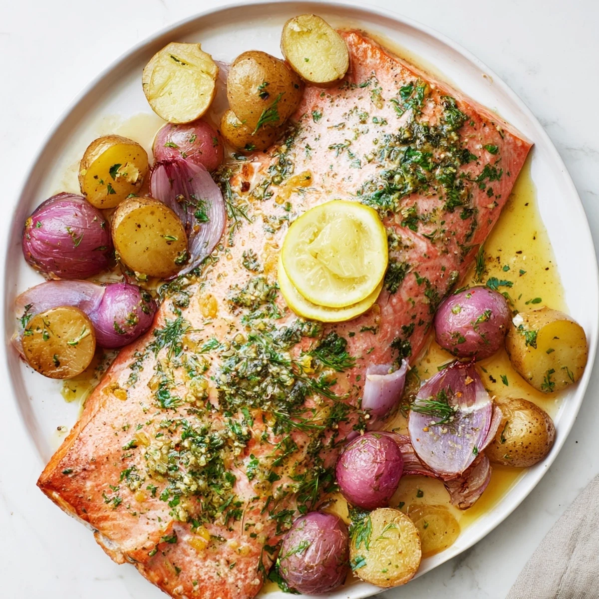Home cooks can imagine this healthy Sheet Pan Lemon Herb Salmon with Baby potatoes served on four plates with lemon wedges and a glass of white wine.