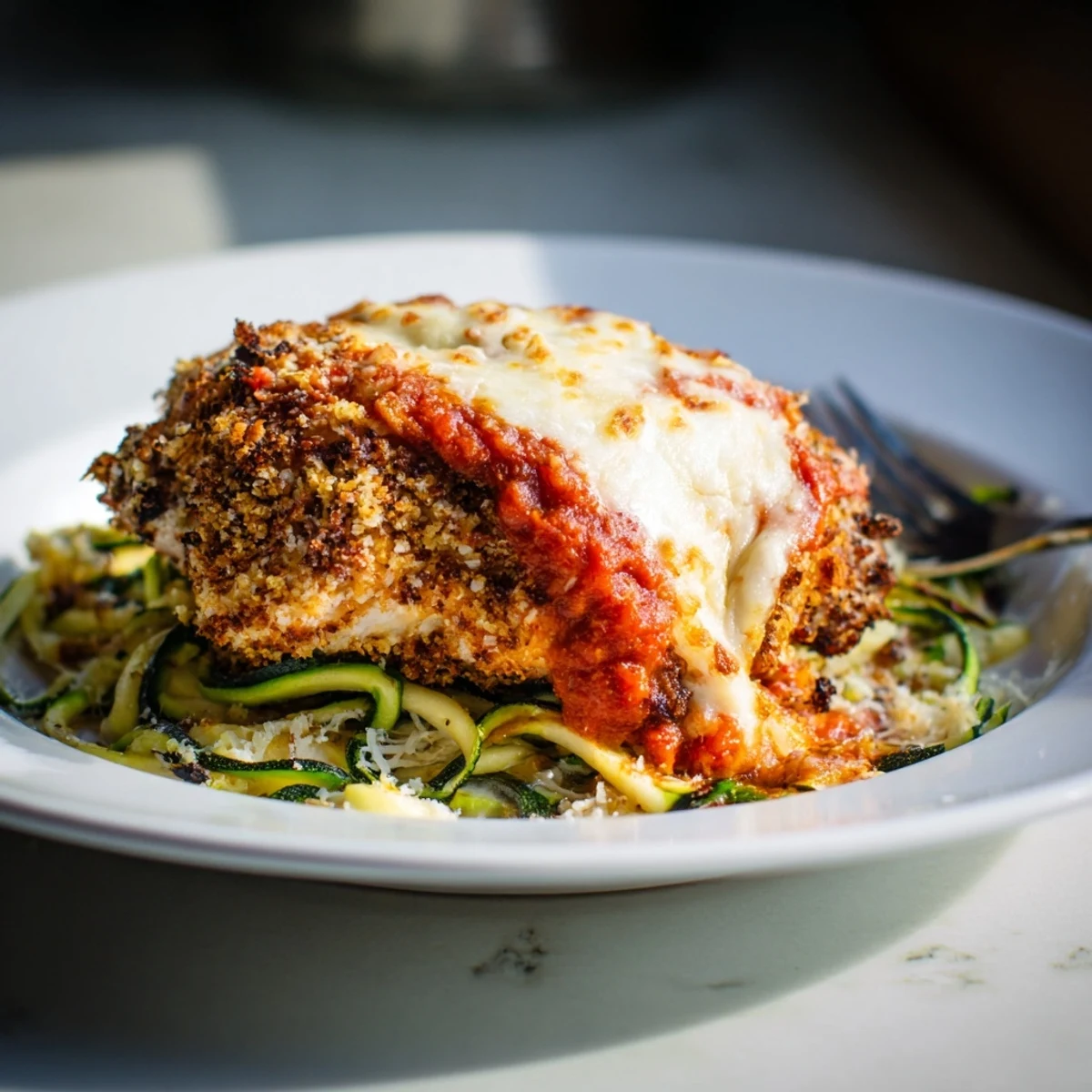 Golden baked chicken Parmesan topped with melted mozzarella sits atop a bed of fresh, spiralized zucchini noodles, garnished with basil.