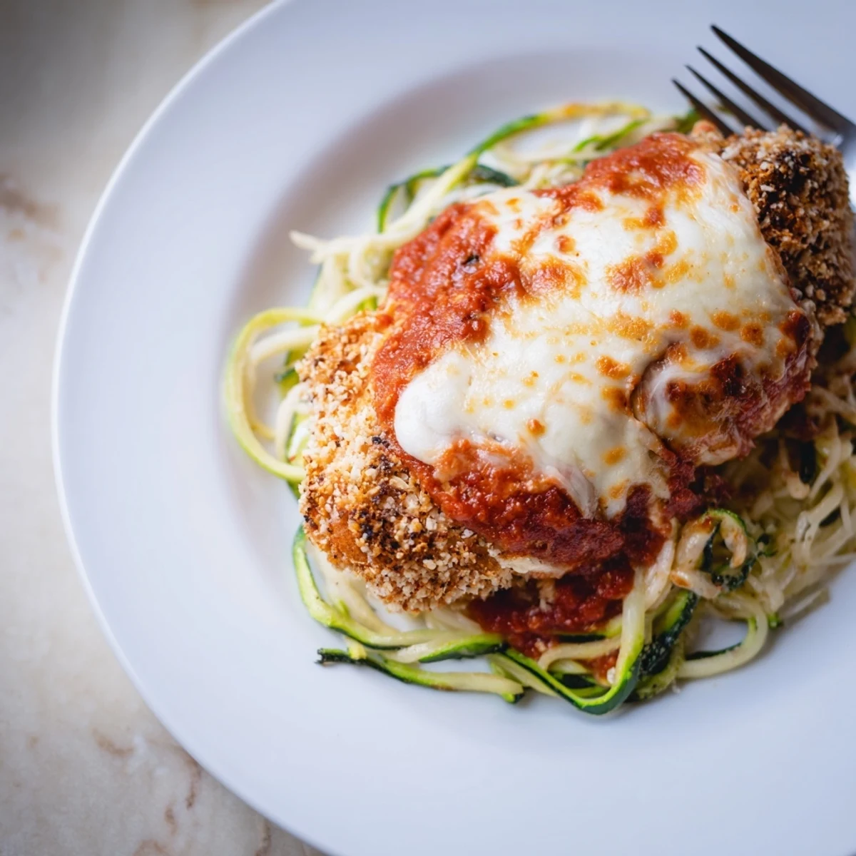 Healthy baked chicken Parmesan served with light zucchini noodles, featuring golden breadcrumbs and a colorful presentation for a low-carb meal.