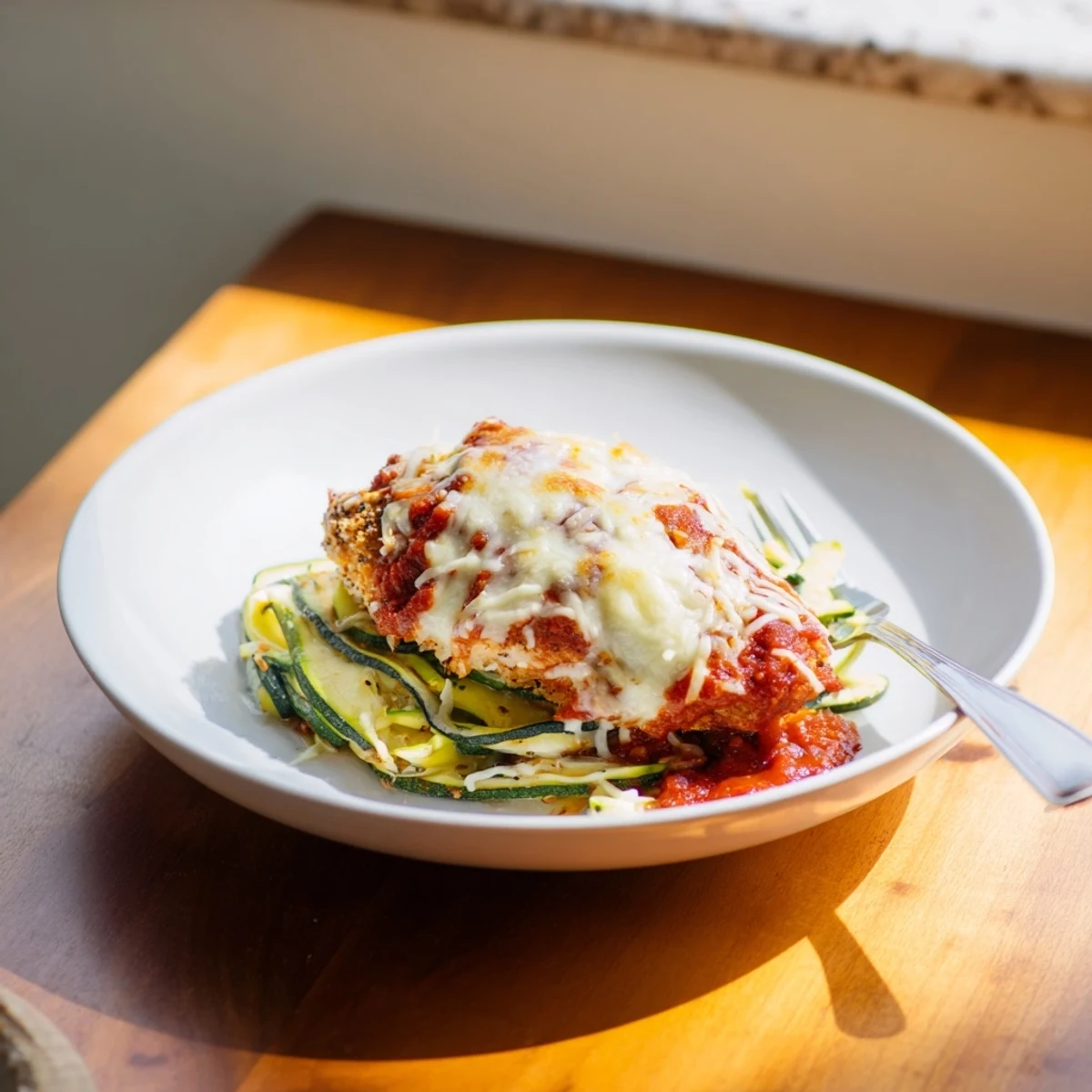 A close-up shows crispy, oven-baked chicken Parmesan over garlicky zucchini noodles, with vibrant marinara sauce and melted cheese.