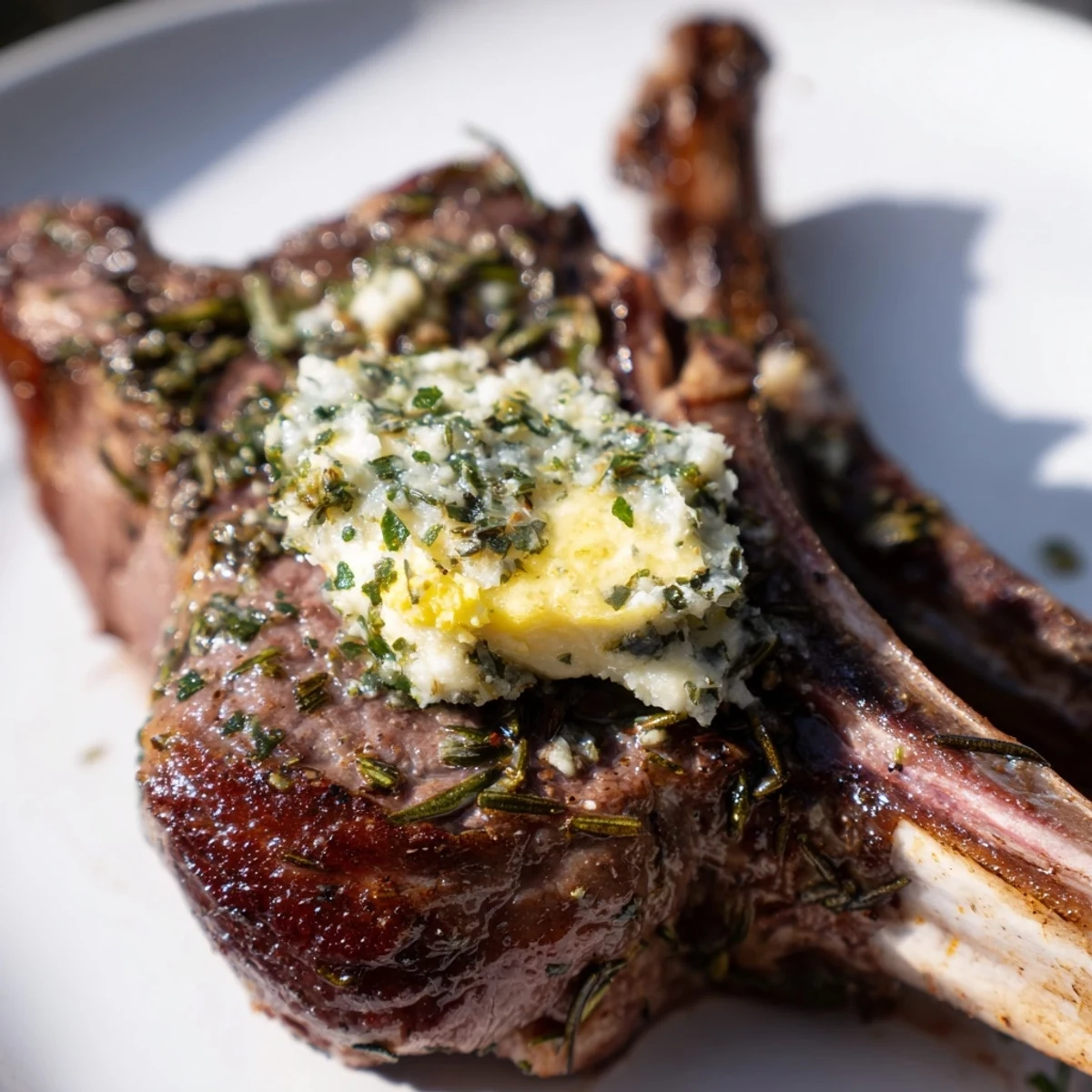 Air fryer lamb chops glistening with herb seasoning and lemon butter, served on a plate.