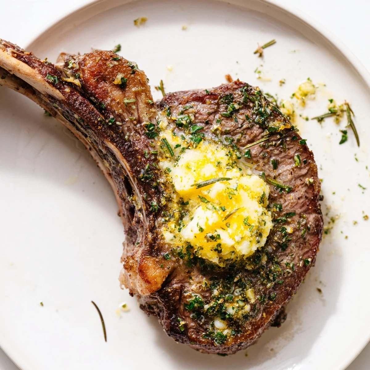 Golden-brown lamb chops from the air fryer, garnished with lemon zest and rosemary sprigs.