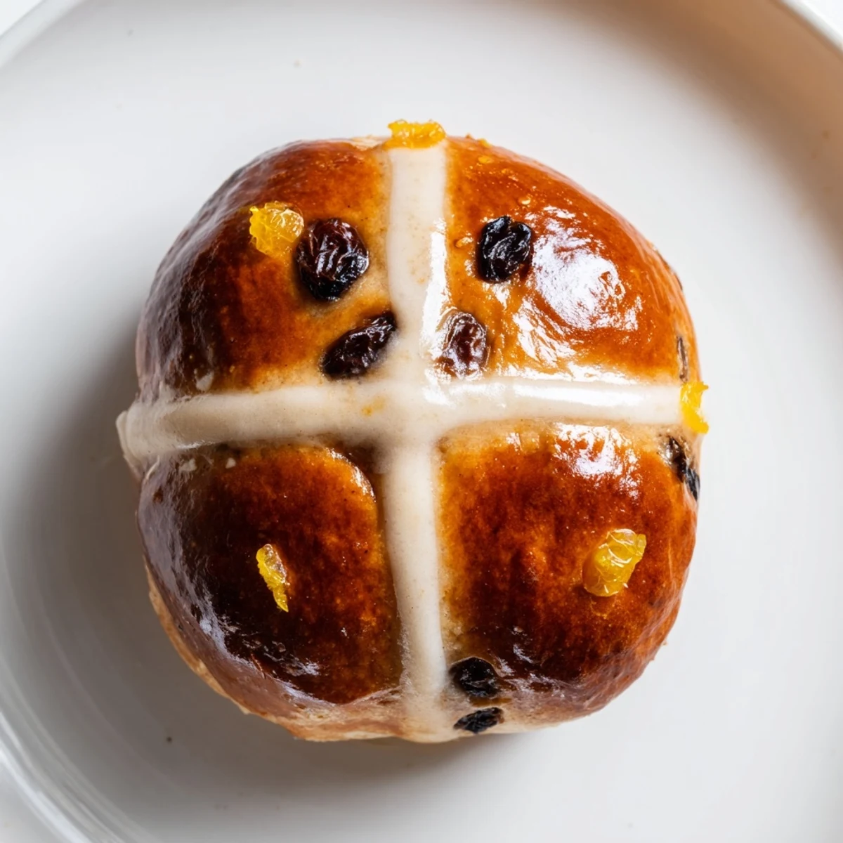 Golden-brown Hot Cross Buns with currants and spices, fresh from the oven on a cooling rack.