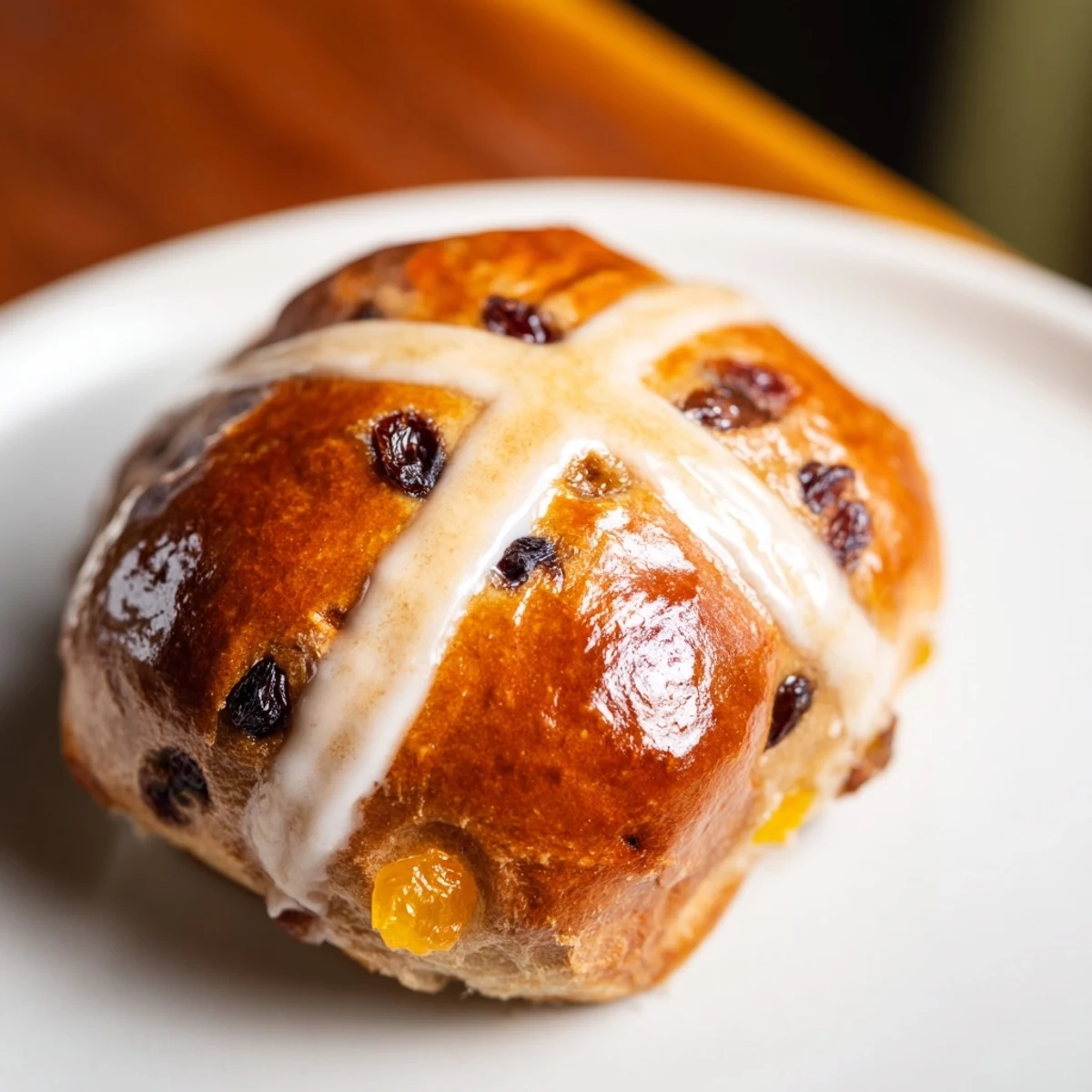 A close-up of Hot Cross Buns with currants and spices, glazed and ready to be served warm.