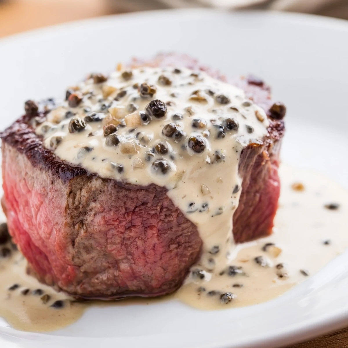 A close-up of beef tenderloin with peppercorn cream sauce, glistening on a white plate beside roasted potatoes.  