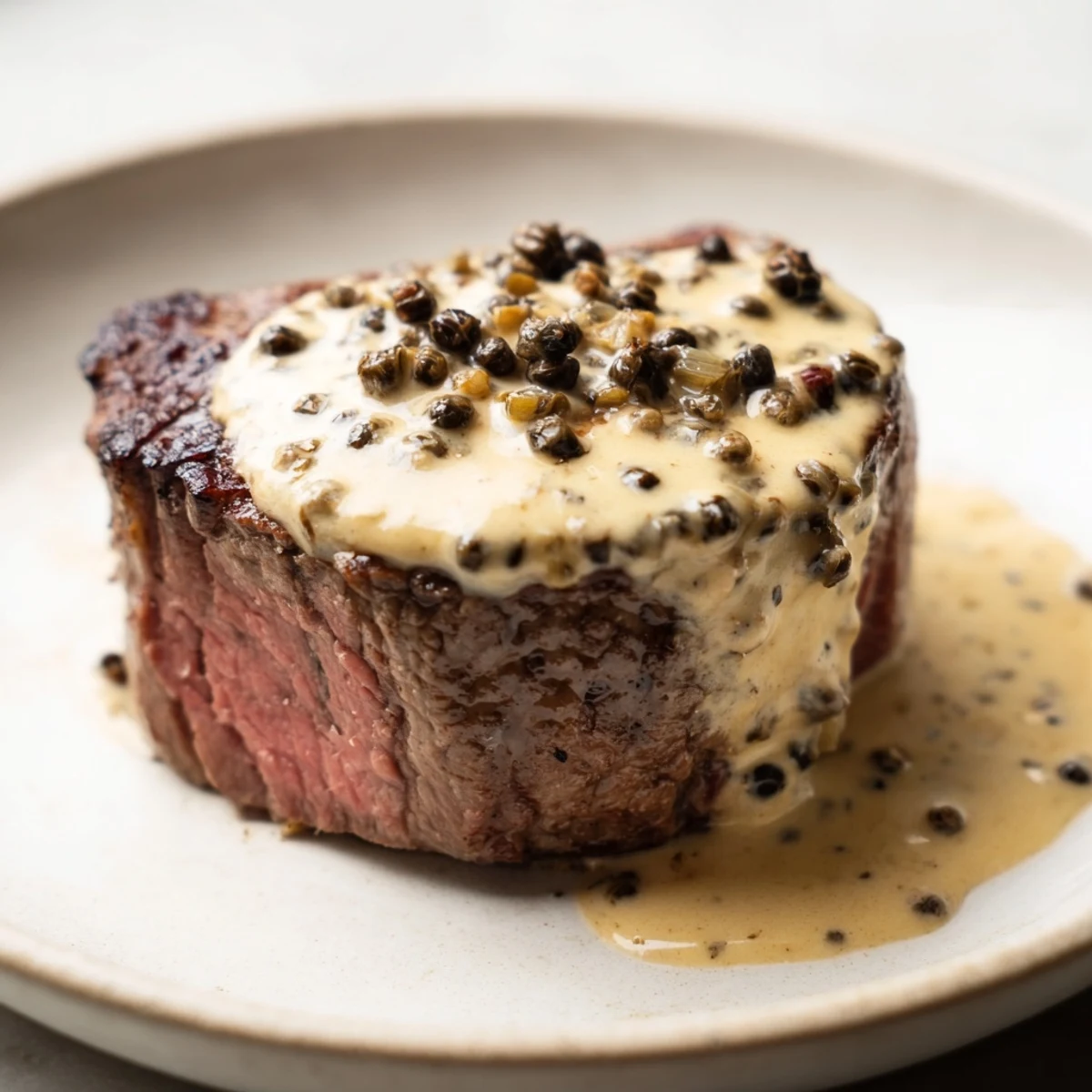 Golden seared beef tenderloin topped with creamy peppercorn sauce and fresh herbs, served with green beans.  