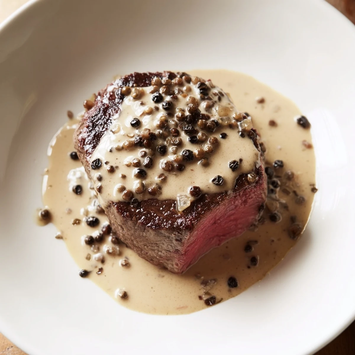 Juicy beef tenderloin with peppercorn cream sauce, sliced to show pink center on a rustic wooden table.