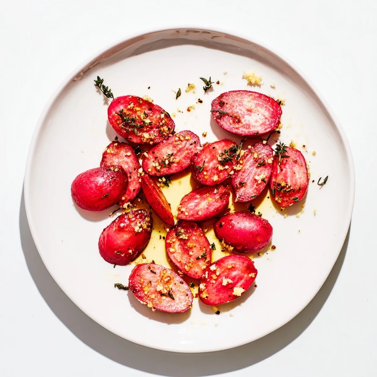 Freshly roasted radishes glistening with olive oil and minced garlic, garnished with fresh thyme on a baking sheet.