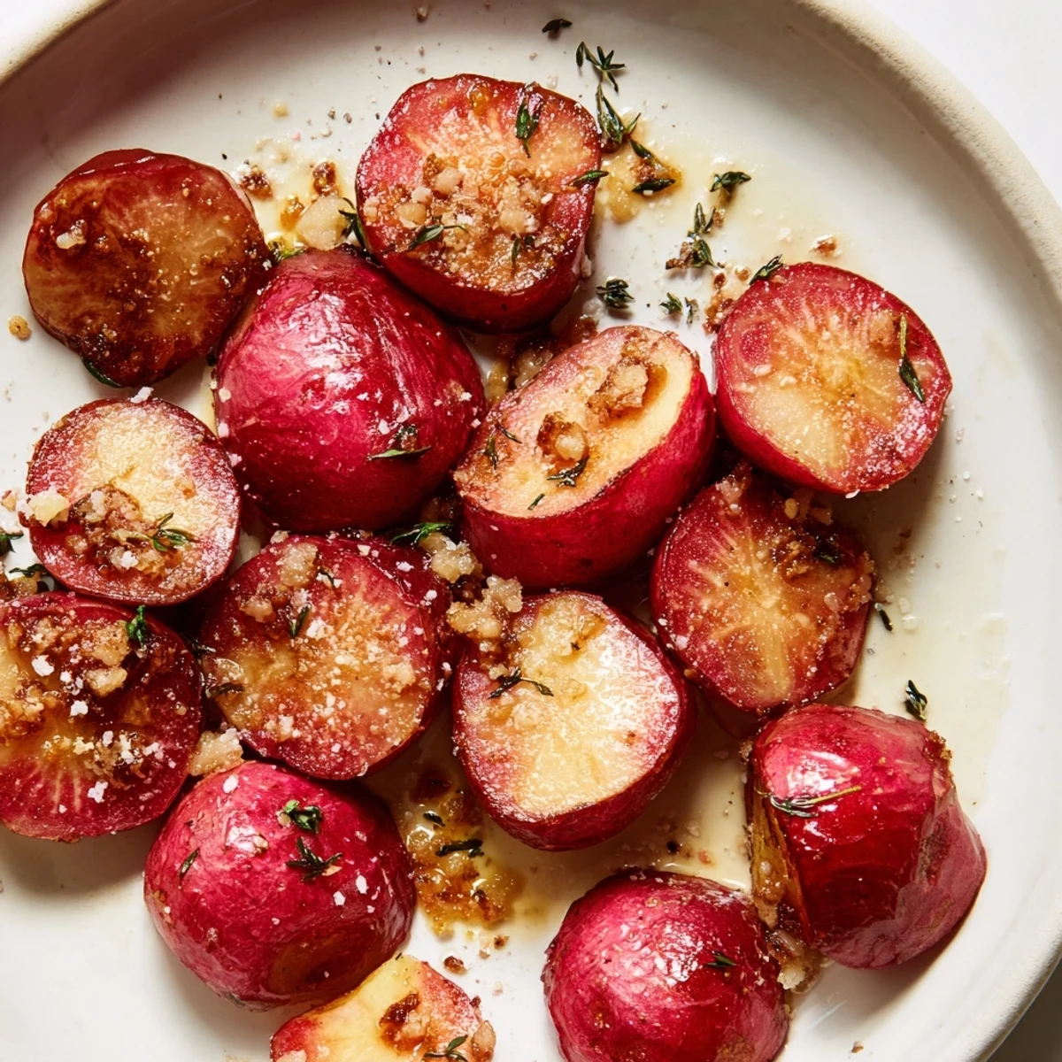 Close up of tender roasted radishes with garlic and thyme, caramelized edges visible on a parchment lined pan.