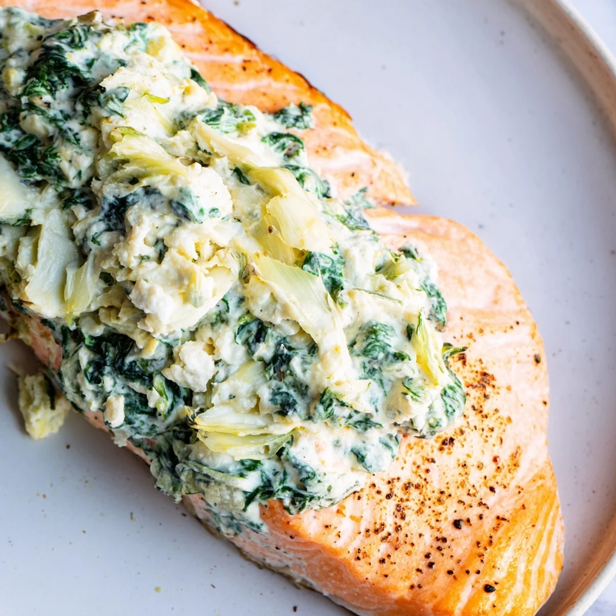 Golden-baked Creamy Spinach and Artichoke Stuffed Salmon fillets rest on a baking sheet with lemon wedges.
