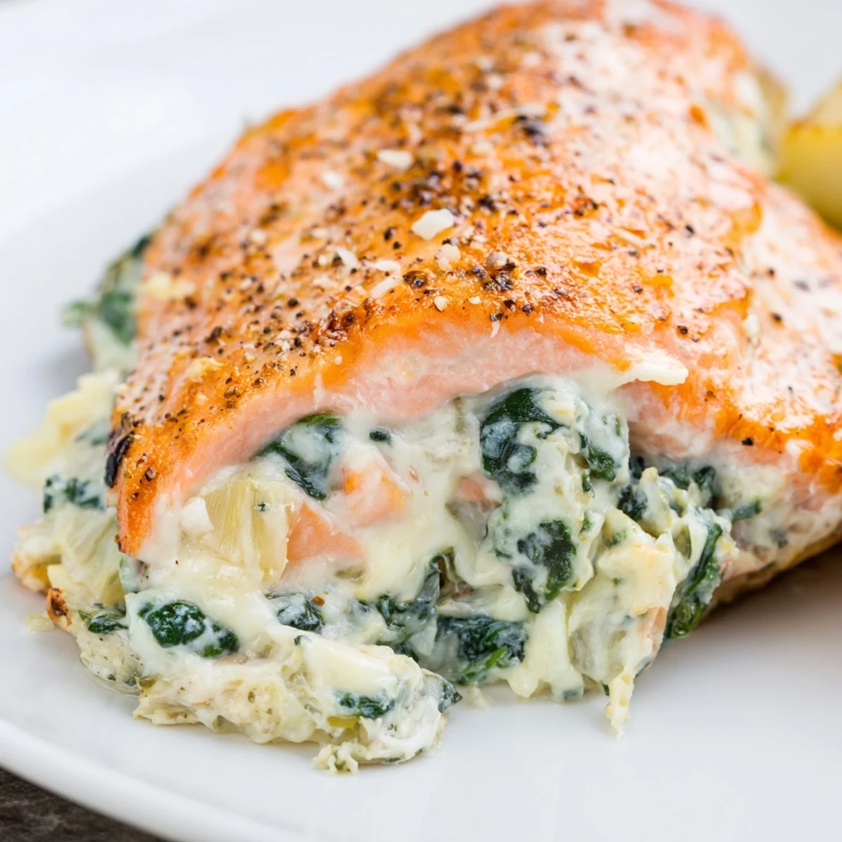 A close-up of Creamy Spinach and Artichoke Stuffed Salmon revealing the rich, cheesy filling and fresh herbs.