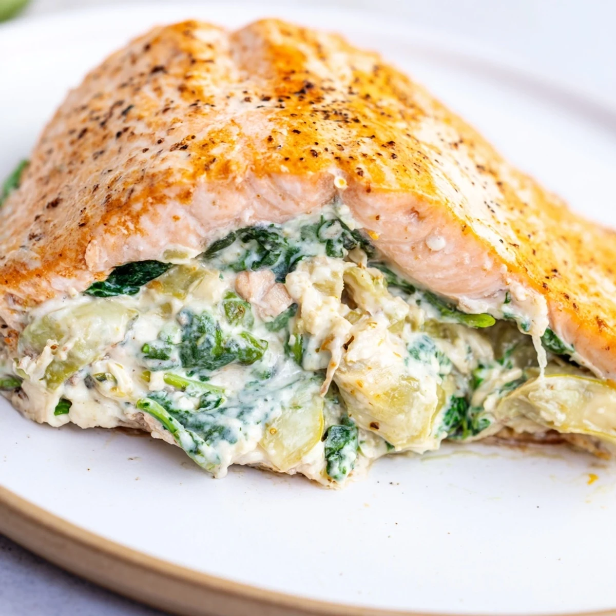 Plated Creamy Spinach and Artichoke Stuffed Salmon served beside roasted vegetables for a complete low-carb meal.