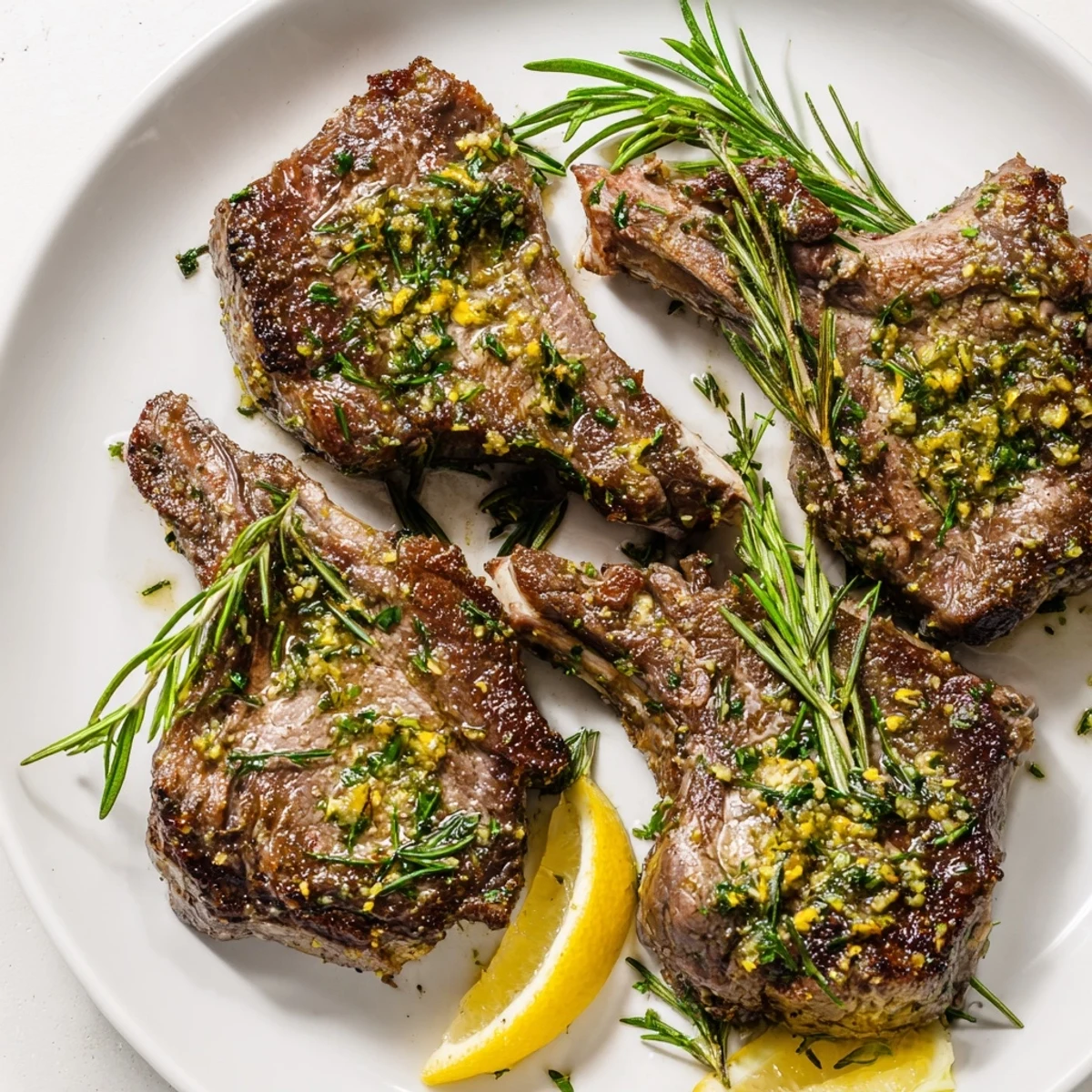 Golden brown Air Fryer Lamb Chops with Rosemary and Garlic resting beside fresh lemon wedges and aromatic rosemary sprigs.