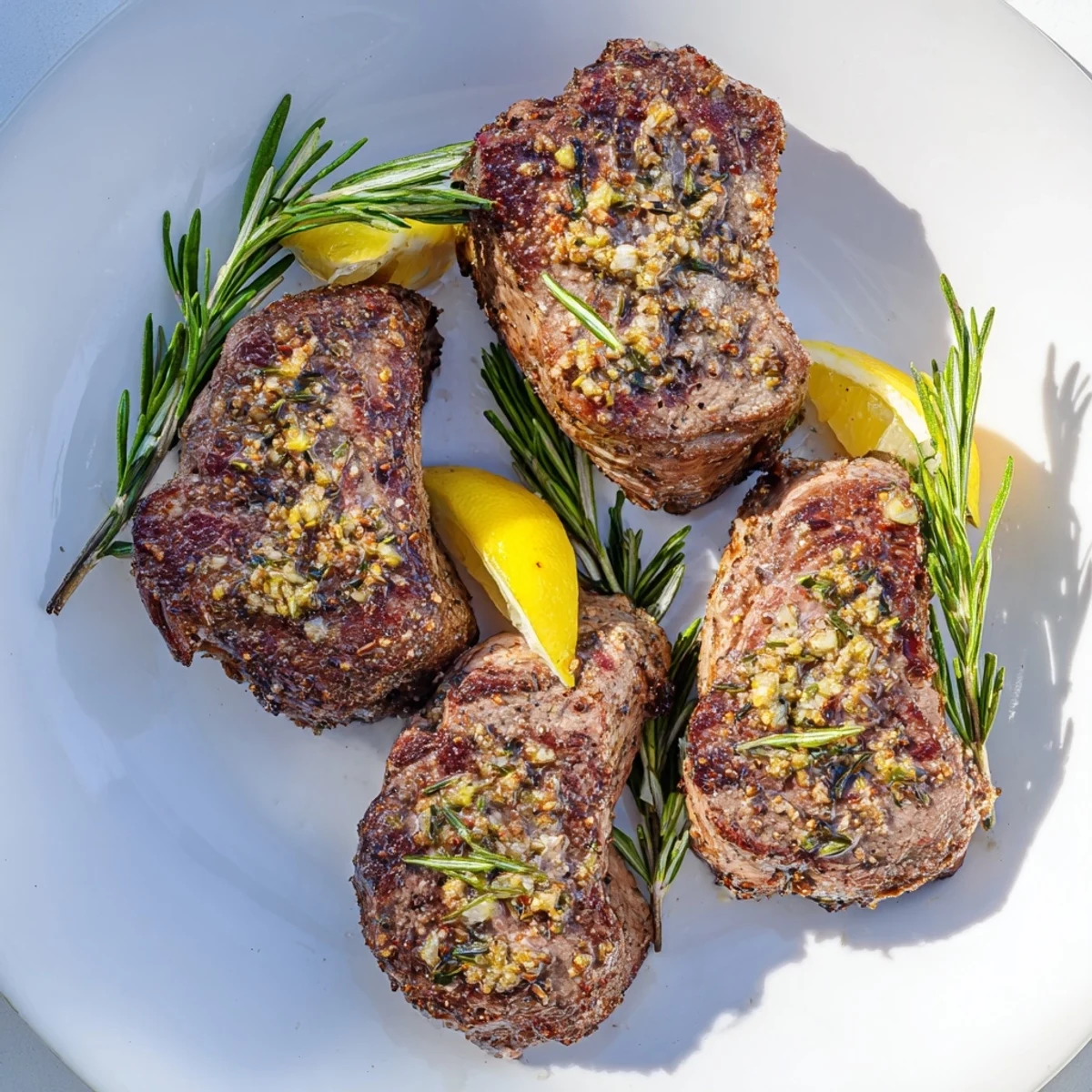Tender, juicy lamb chops infused with rosemary and garlic, sizzling from the air fryer, served with a fresh lemon wedge.