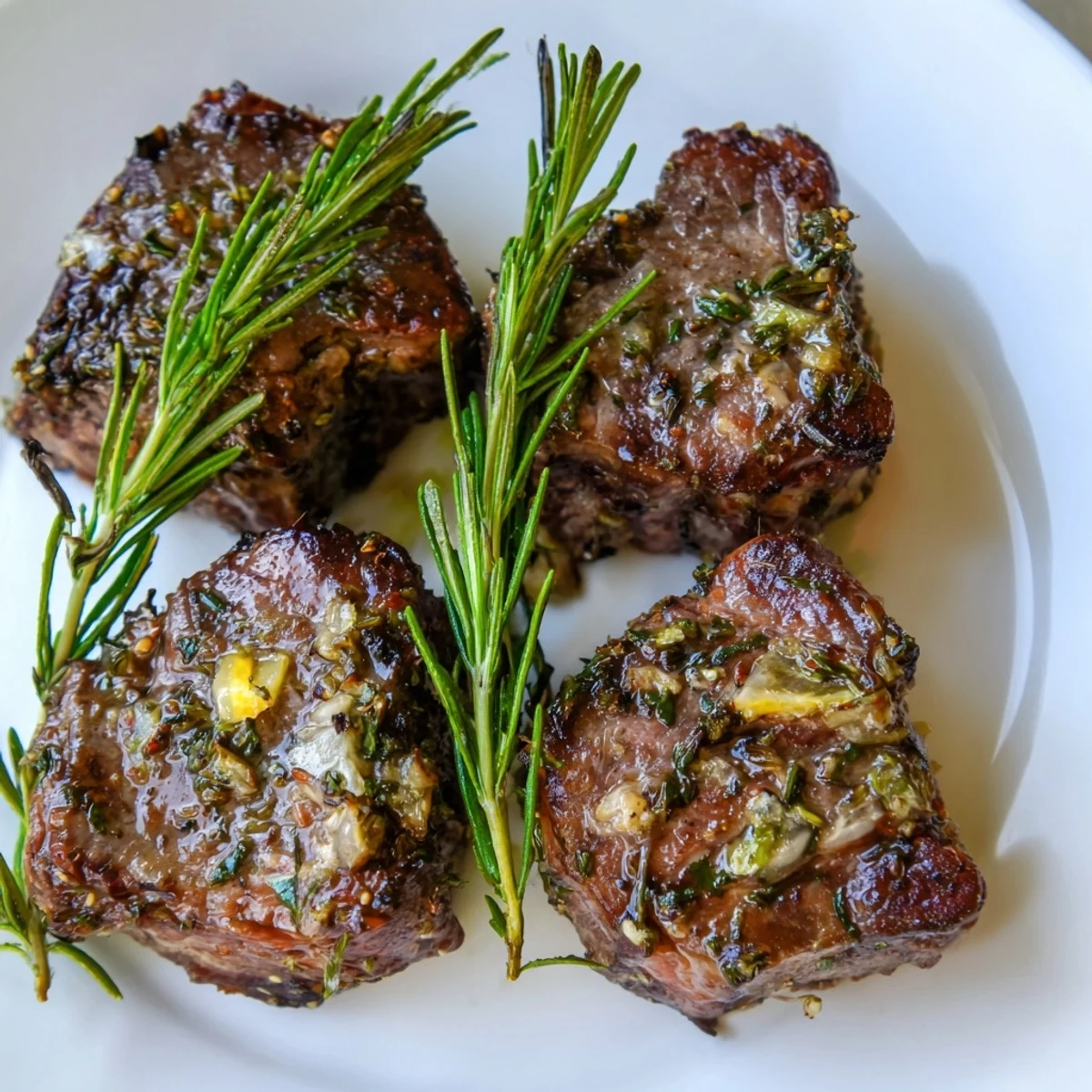 Savory Mediterranean-style Air Fryer Lamb Chops with Rosemary and Garlic on a plate with herbs and lemon, perfect for a low-carb dinner.