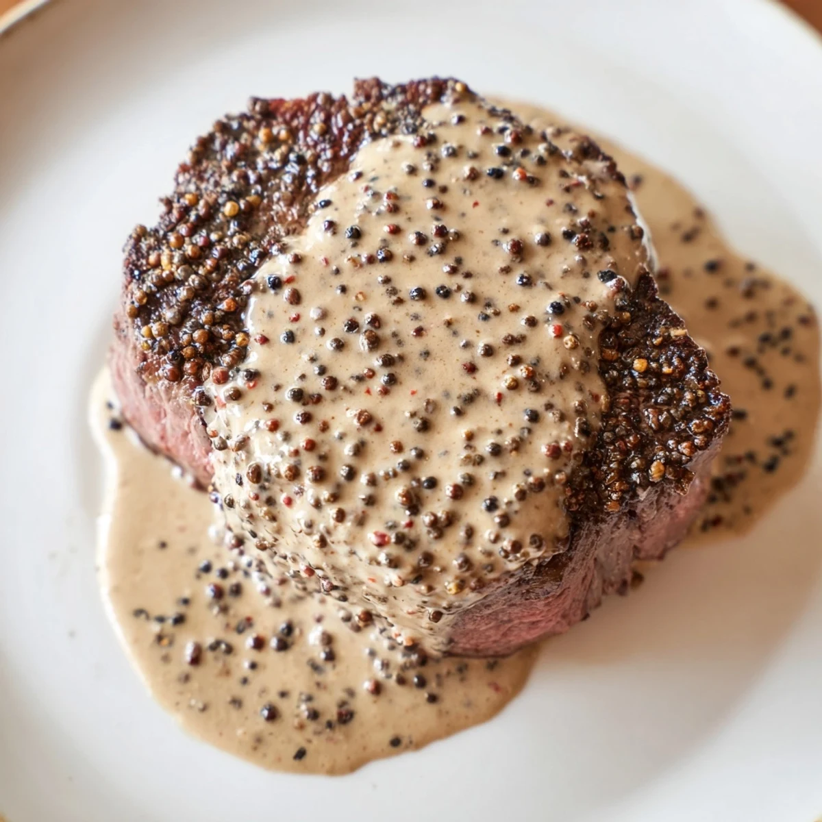 Four thick, pink-centered Beef Tenderloin Steaks with Peppercorn Sauce sit atop roasted potatoes, ready for a special dinner.