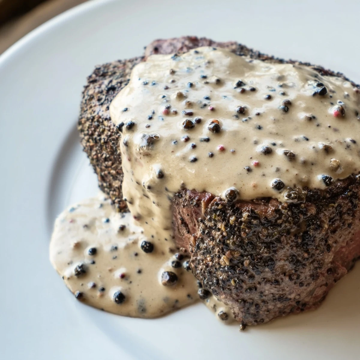 Juicy, perfectly seared Beef Tenderloin Steaks with Peppercorn Sauce rest on a rustic wooden board, garnished with fresh herbs.