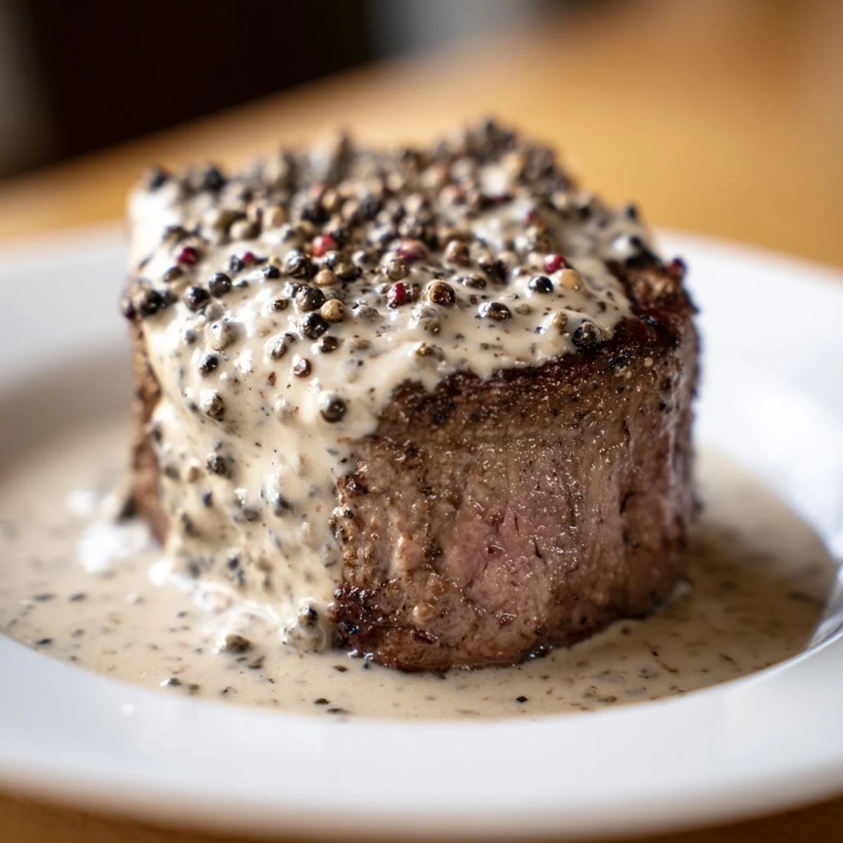 A close-up of succulent Beef Tenderloin Steaks with Peppercorn Sauce reveals creamy, peppery sauce drizzled over the golden-brown crust.