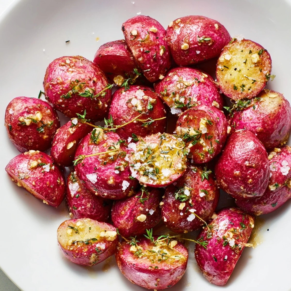Golden roasted radishes with garlic butter and thyme served warm on a rustic plate.