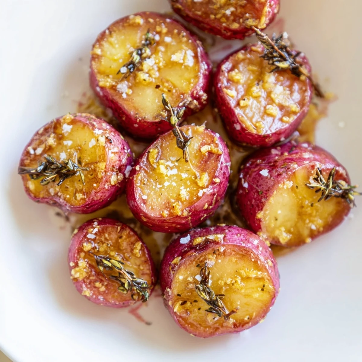 Tender roasted radishes with garlic butter and thyme ready for a springtime dinner.