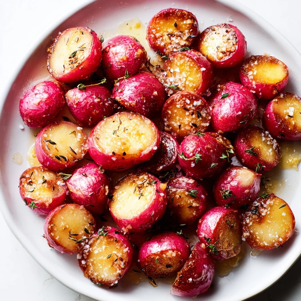 Sizzling roasted radishes with garlic butter and thyme tossed in a gleaming pan.