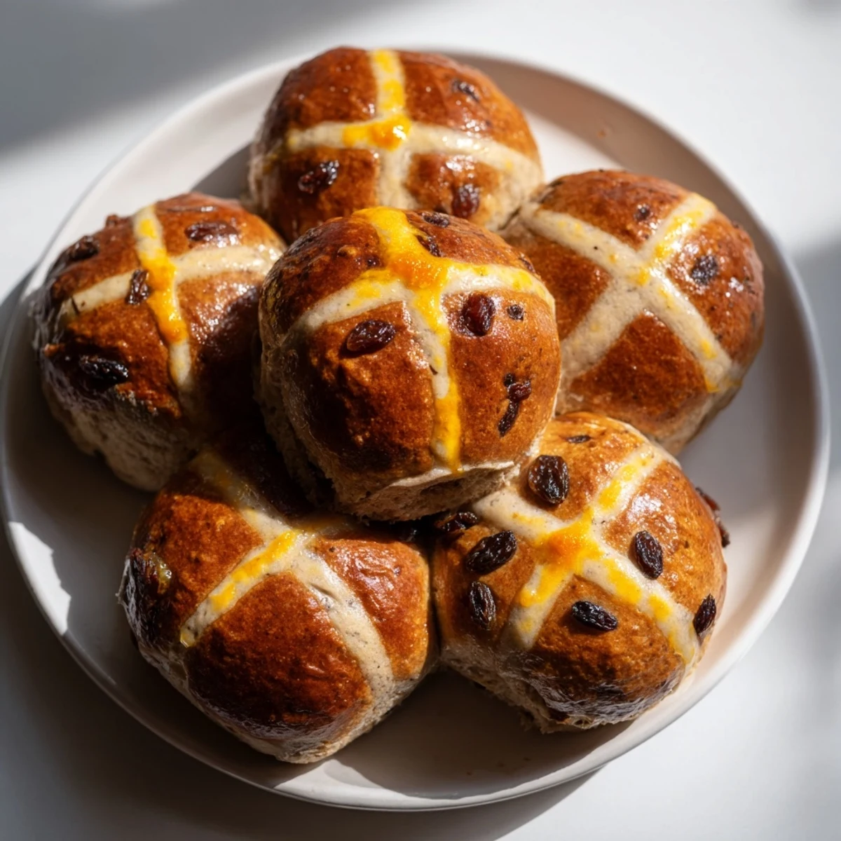 A close-up of golden Hot Cross Buns with Raisins and Orange Glaze, the cross pattern piped on top, ready for breakfast.  