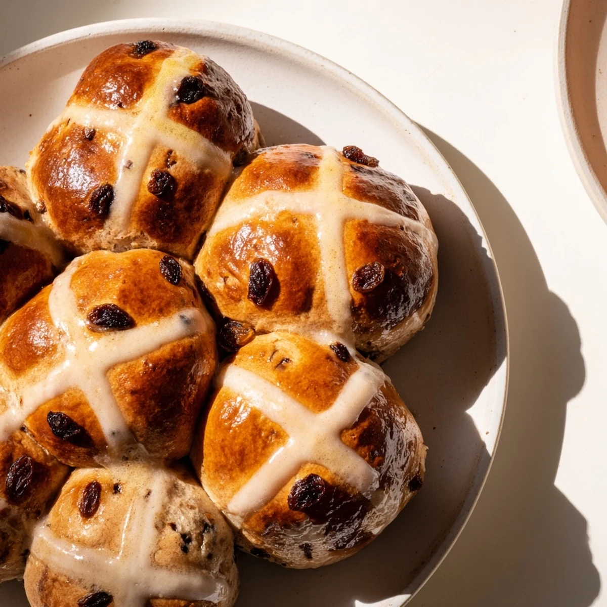 Freshly baked Hot Cross Buns with Raisins and Orange Glaze on a rustic wooden board, dusted with flour and ready to serve.  