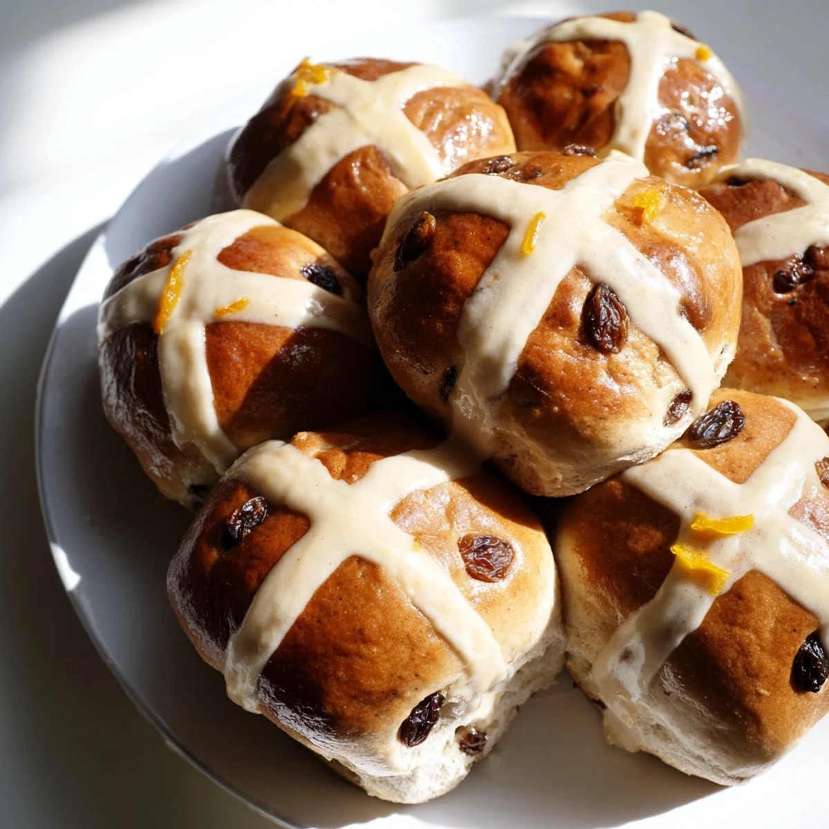 A stack of warm Hot Cross Buns with Raisins and Orange Glaze, the sticky glaze glistening under morning sunlight.