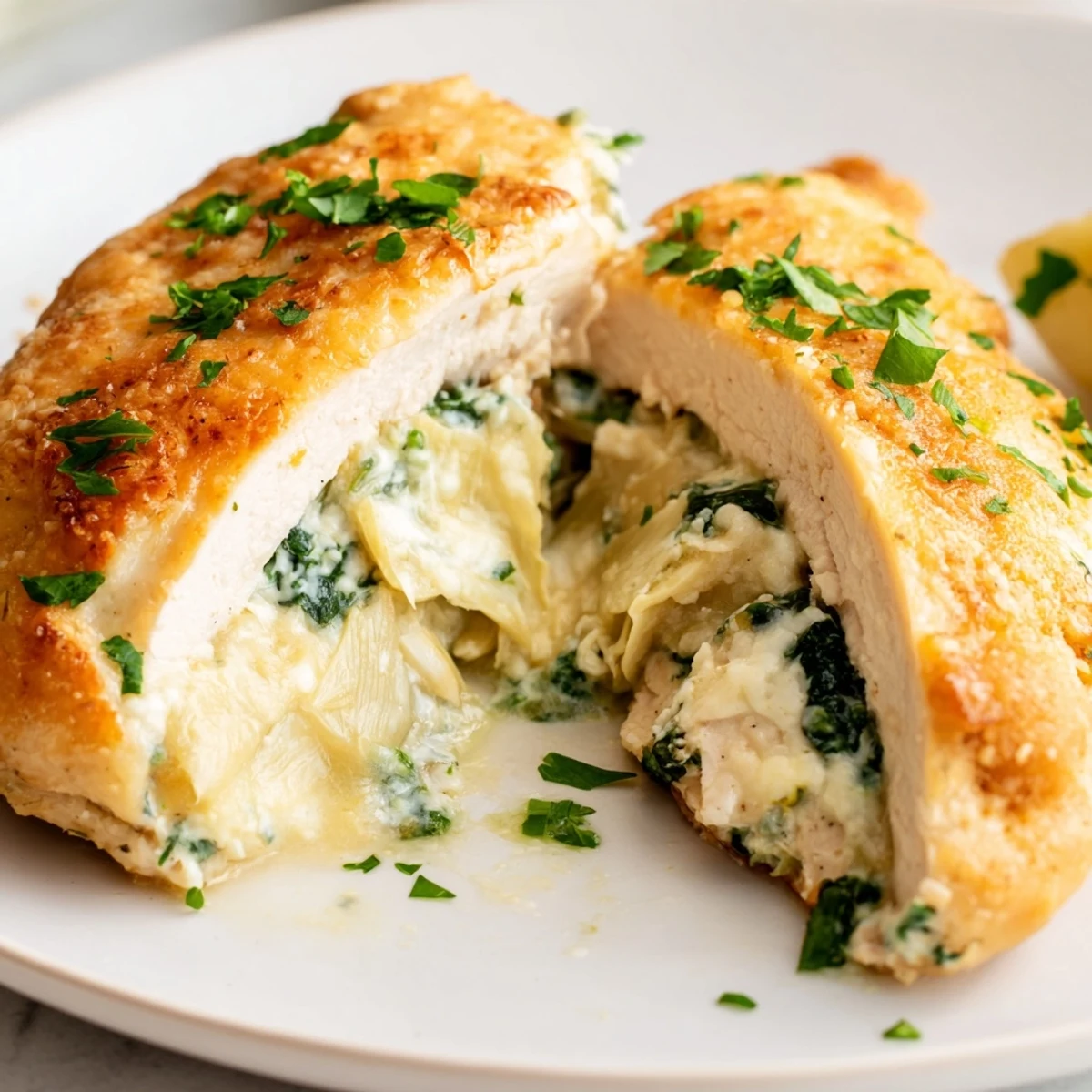 Golden-brown stuffed chicken breasts filled with creamy spinach and artichoke mixture, served hot on a white plate with fresh parsley garnish.