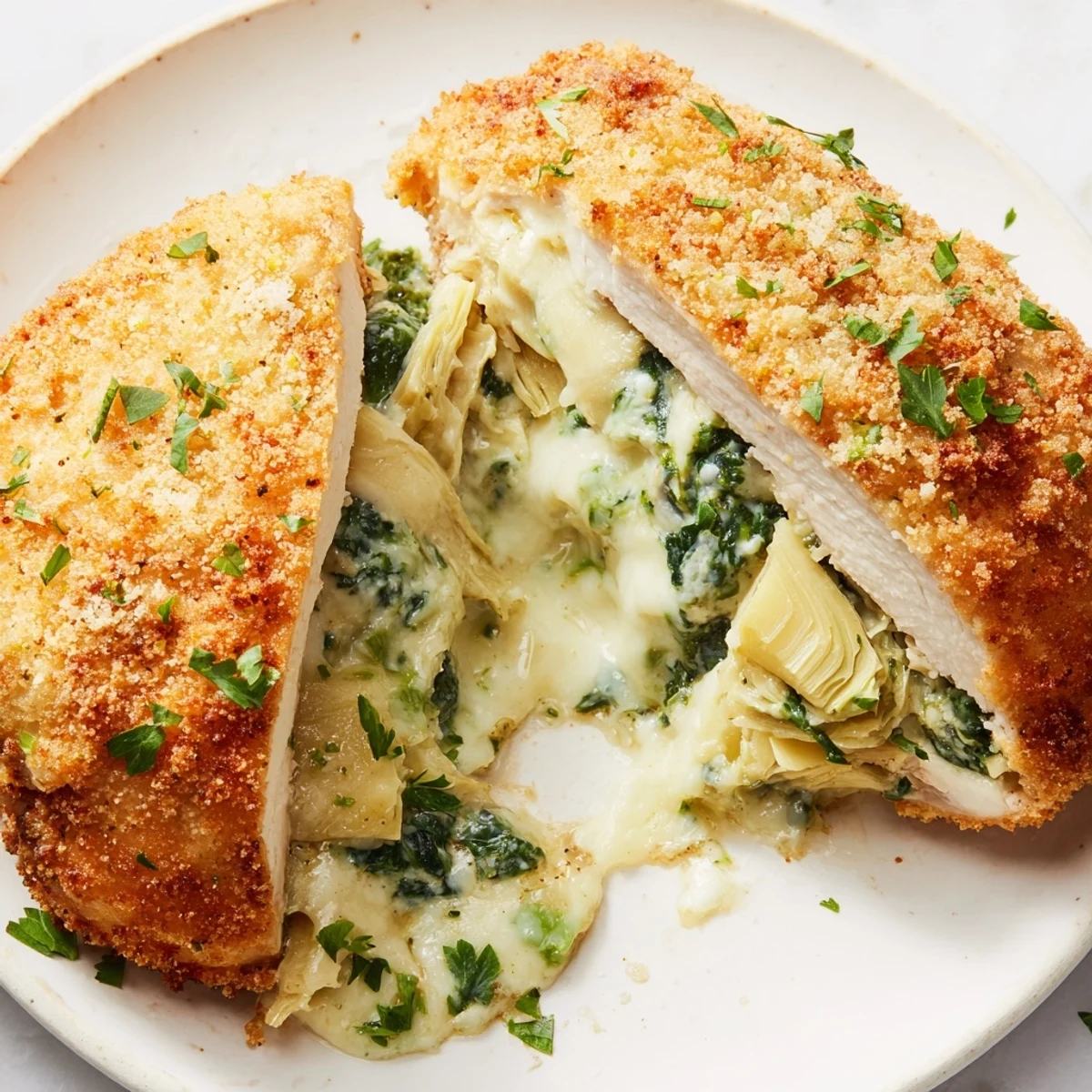Juicy Creamy Spinach and Artichoke Stuffed Chicken Breast resting on a wooden cutting board next to a glass of white wine.