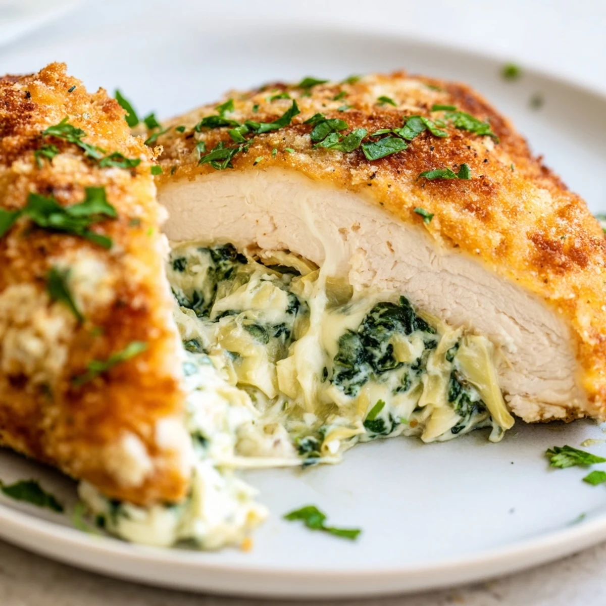 Fork-tender chicken breast stuffed with spinach and artichoke filling, accompanied by roasted asparagus on a rustic serving platter.