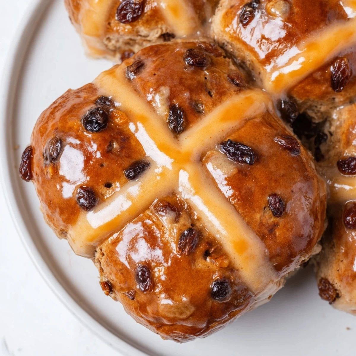 Freshly baked Hot Cross Buns with Raisins and Orange Glaze arranged on a marble countertop with orange slices for garnish.
