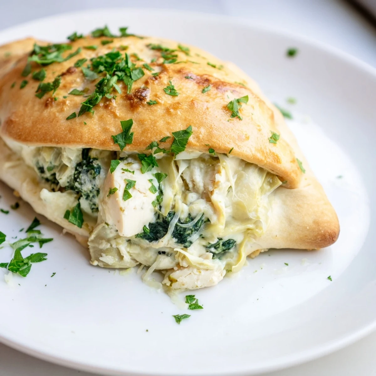 Tender chicken breast sliced open to reveal a creamy spinach and artichoke filling with melted mozzarella and Parmesan.