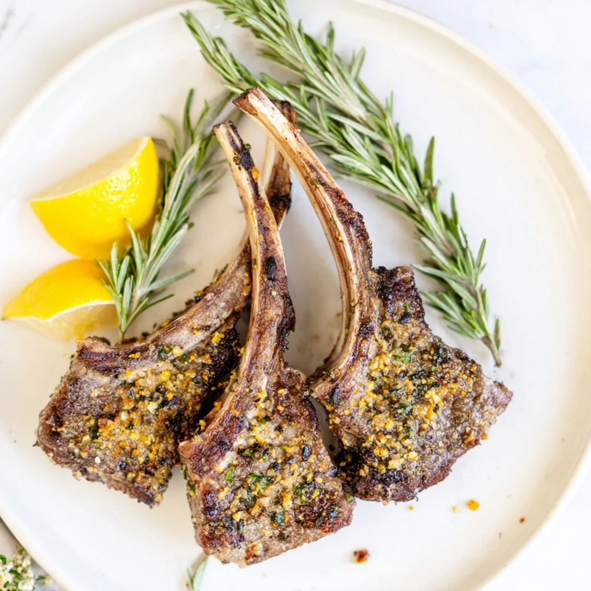 Crispy Air Fryer Lamb Chops with Rosemary and Garlic sizzling in the basket, garnished with fresh herbs.